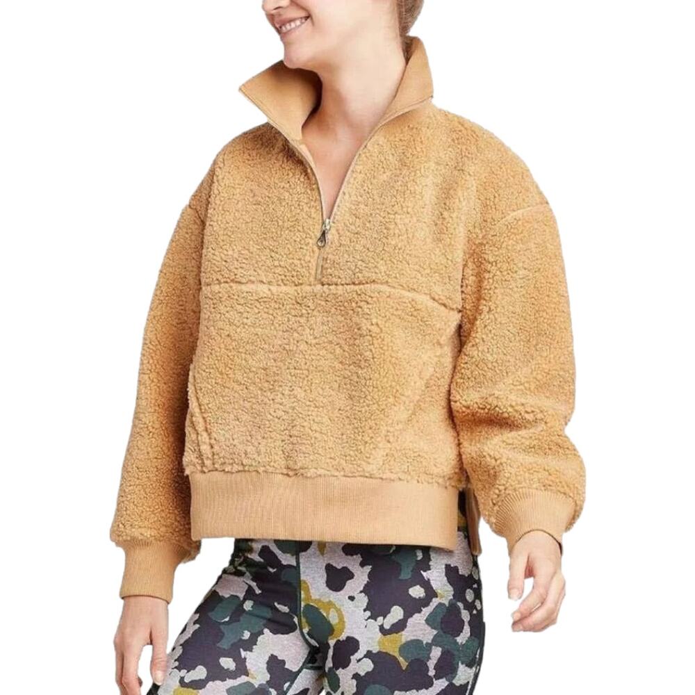 JOY LAB Womens Tan Sherpa Fleece Teddy Half Zip Pullover Cropped Jacket Size XS